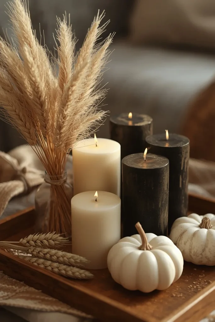 coffee table tray, featuring a cluster of cream and black pillar candles