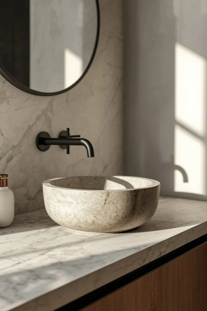 25 Modern Bathroom Designs That Look Like a 5-Star Spa Retreat 13 bathroom vanity, featuring a rounded stone vessel sink, a matte black wall-mounted faucet