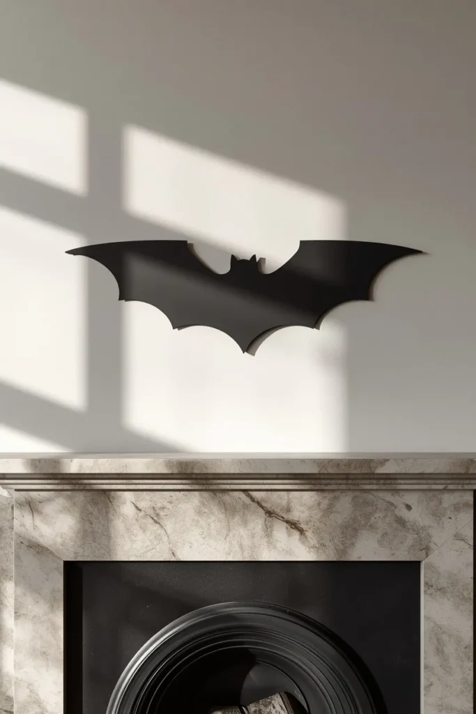 16 Modern Halloween Mantle Decor Ideas That Feel Fresh 13 modern fireplace wall above the mantel, featuring one large matte black bat silhouette