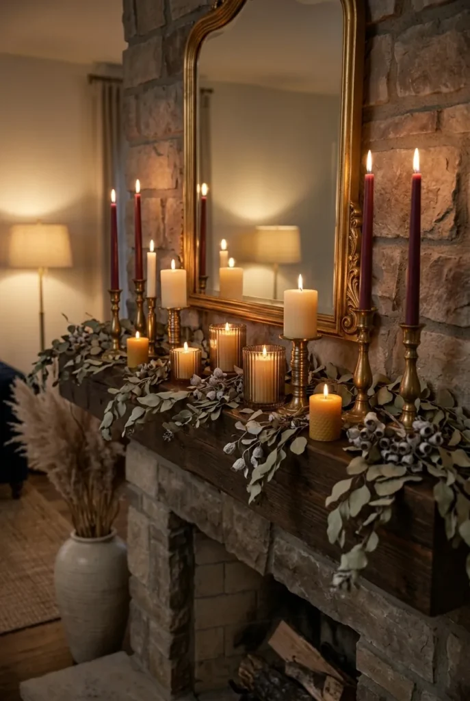  living room mantel, featuring a cluster of taper and pillar candles
