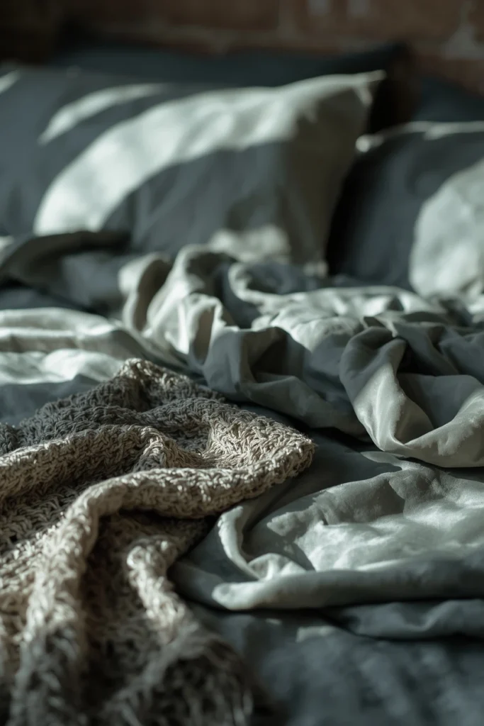  bedroom, featuring silk bedding in a muted dusty teal tone with a textured 