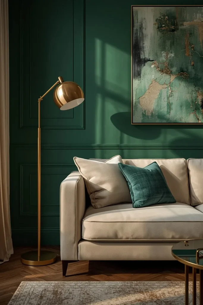  living room close-up, featuring a deep emerald green feature wall