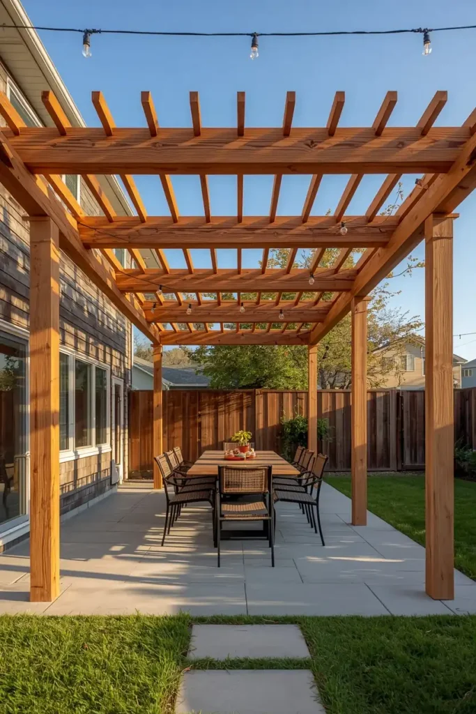 backyard patio, featuring a multi-level wood pergola with a taller section 