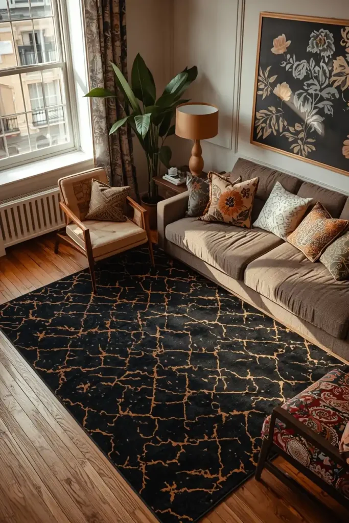  small apartment living room, featuring a bold black and gold geometric patterned rug