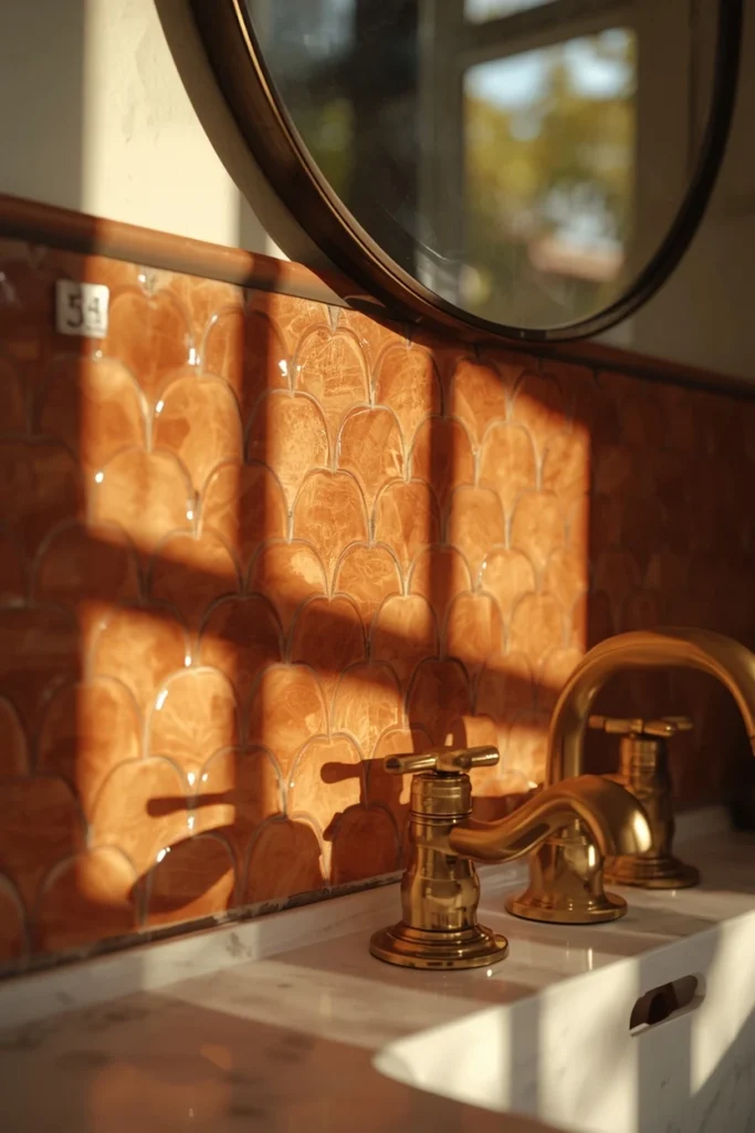 18 Scalloped Tile Ideas for a Soft, Statement-Making Bathroom 13 vanity backsplash shot, featuring handmade zellige-style scalloped tile