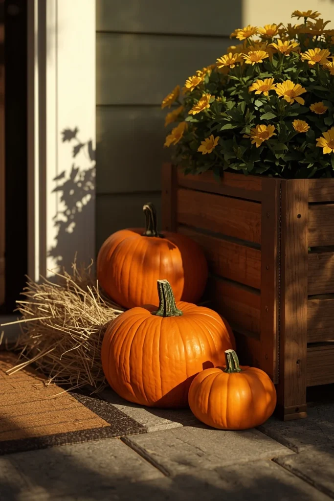 16 Simple Fall Porch Decor Ideas Anyone Can Pull Off This Season 13 front porch close-up, featuring pumpkins nestled into a small pile of hay beside a decorative wood box