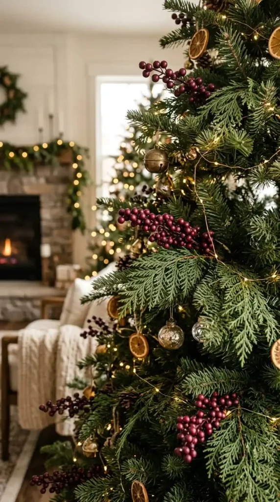 15 Simple Thanksgiving-to-Christmas Tree Transition Ideas 13 Christmas tree, featuring faux burgundy berry picks and cedar greenery