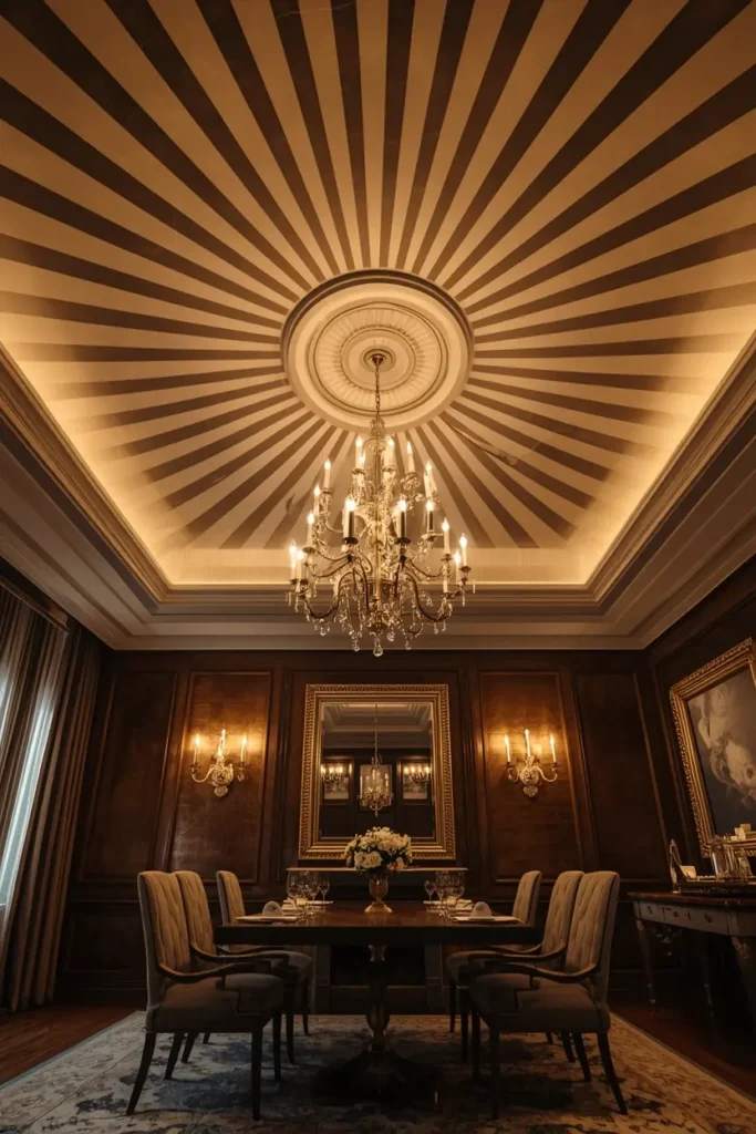 16 Striped Ceiling Ideas to Add Instant Personality Overhead 13 formal dining room, featuring a ceiling with stripes radiating outward