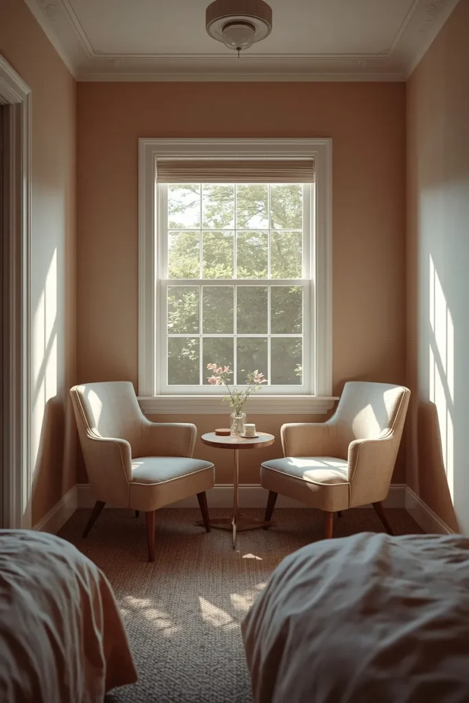 17 Tiny Bedroom Design Ideas for Couples (That Still Feel Romantic) 13 small bedroom nook, featuring two slim accent chairs angled toward each other