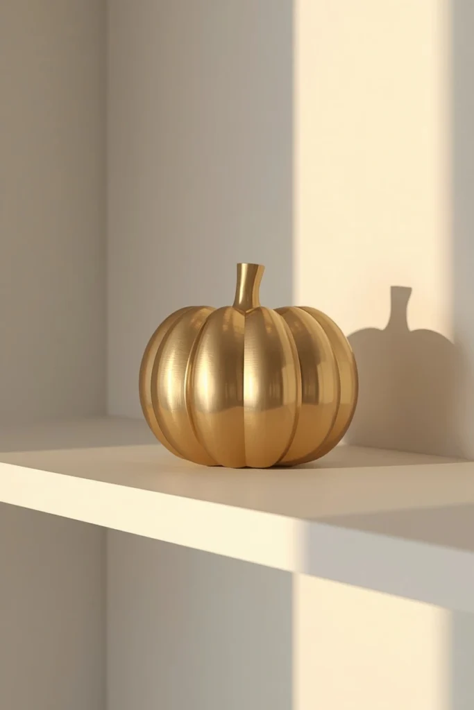17 Understated Fall Decor Ideas for a Minimal, Modern Home 13 floating shelf styling shot, featuring a single brushed brass sculptural pumpkin