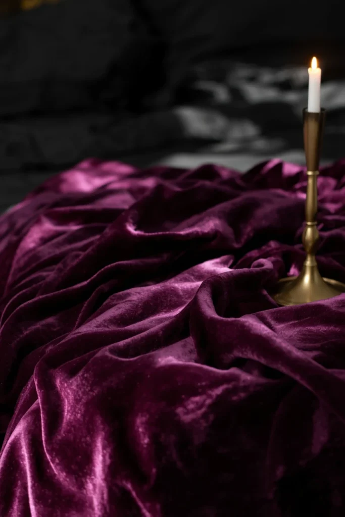 21 Vampy Romantic Bedroom Ideas for a Moody, Gothic-Chic Retreat 13 bedroom styling vignette, featuring a deep plum velvet throw blanket draped