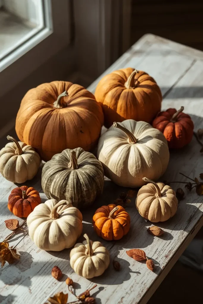 23 Vintage Halloween Decor Ideas That Look Straight Out of an Old Storybook 13 pumpkin grouping, featuring muted mustard rust and sage paper mâché pumpkins
