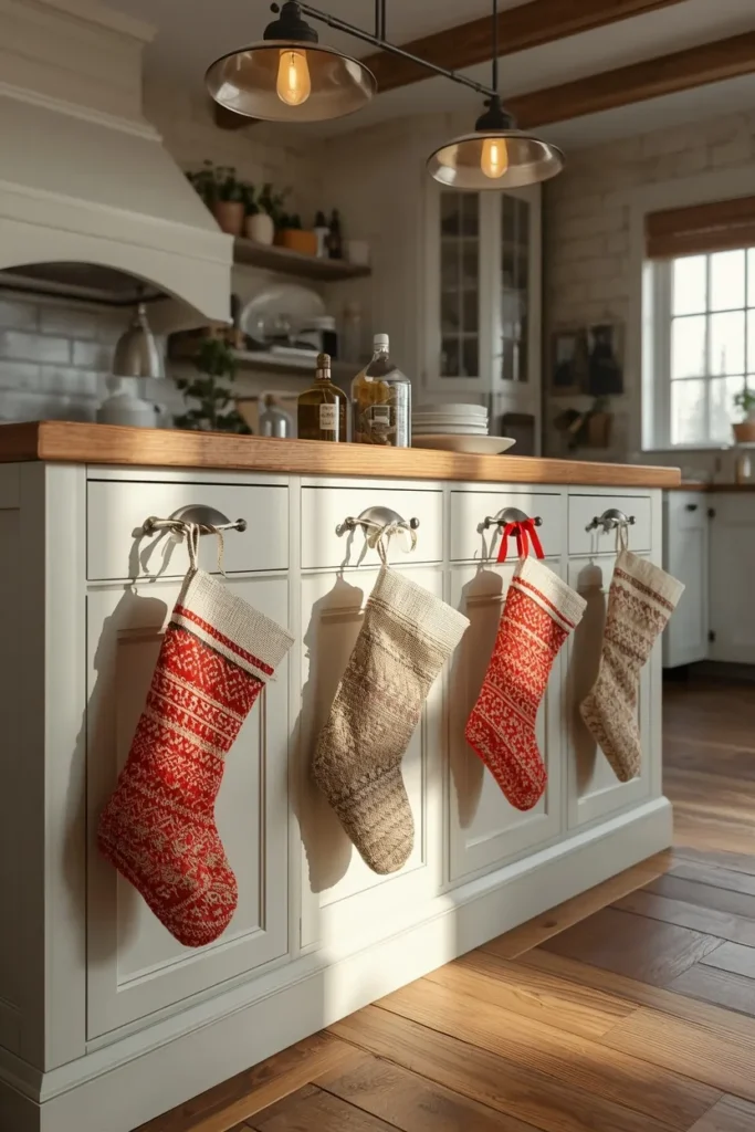 19 Ways to Decorate a Farmhouse Kitchen for Christmas (Cozy, Budget-Friendly Ideas) 13 farmhouse kitchen island, featuring burlap and knit stockings hung