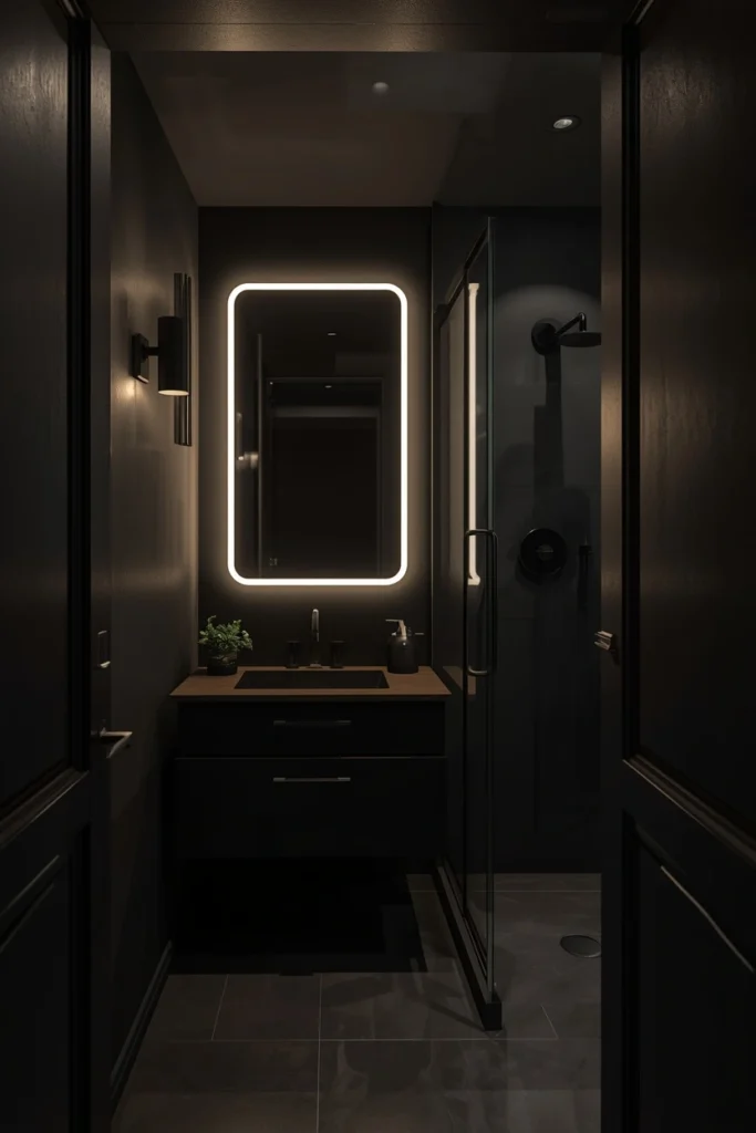 19 Black Bathroom Ideas That Are Dramatic, Chic & Completely Stunning 14 small black bathroom, featuring matte black walls, large backlit LED mirror glowing warmly