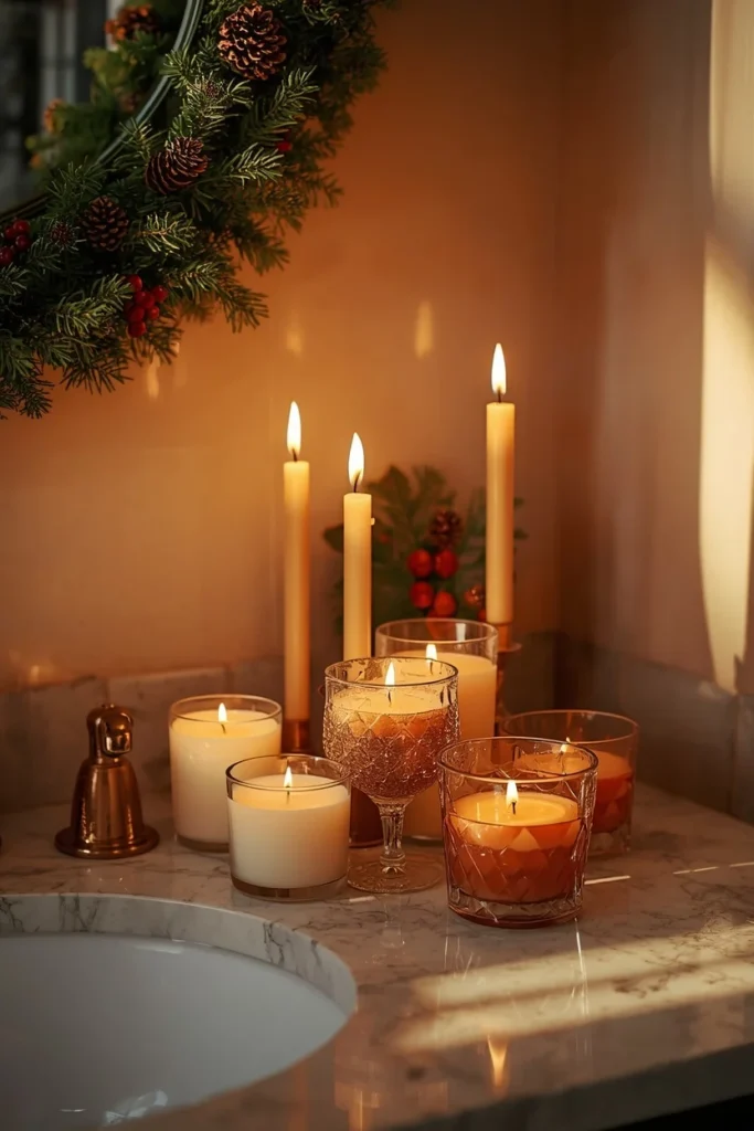 Christmas bathroom counter, featuring a small cluster of pine and cinnamon scented candles