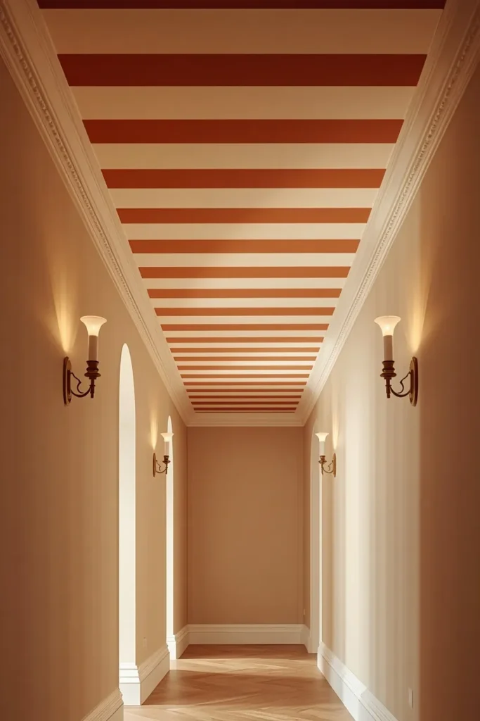  hallway shot, featuring a striped ceiling in alternating cream and terracotta bands 