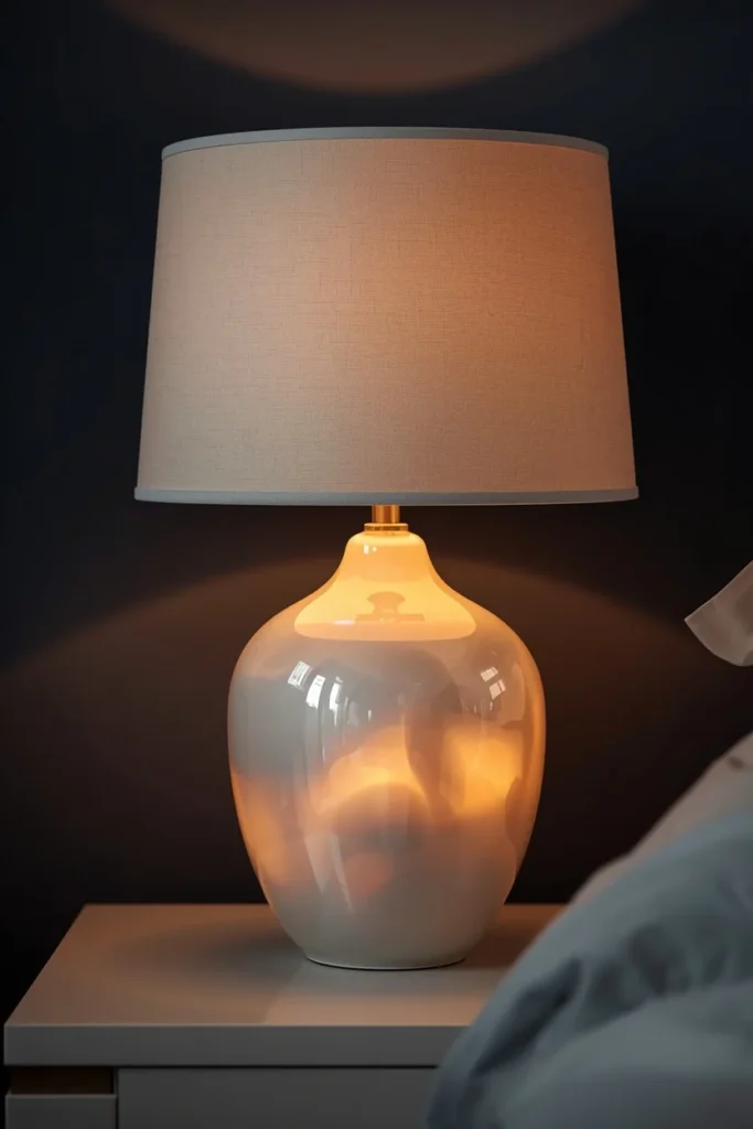 22 Cosmic Interior Design Ideas for a Starry, Galaxy-Inspired Home 14 nightstand detail shot, featuring an opalescent pearlescent ceramic lamp base