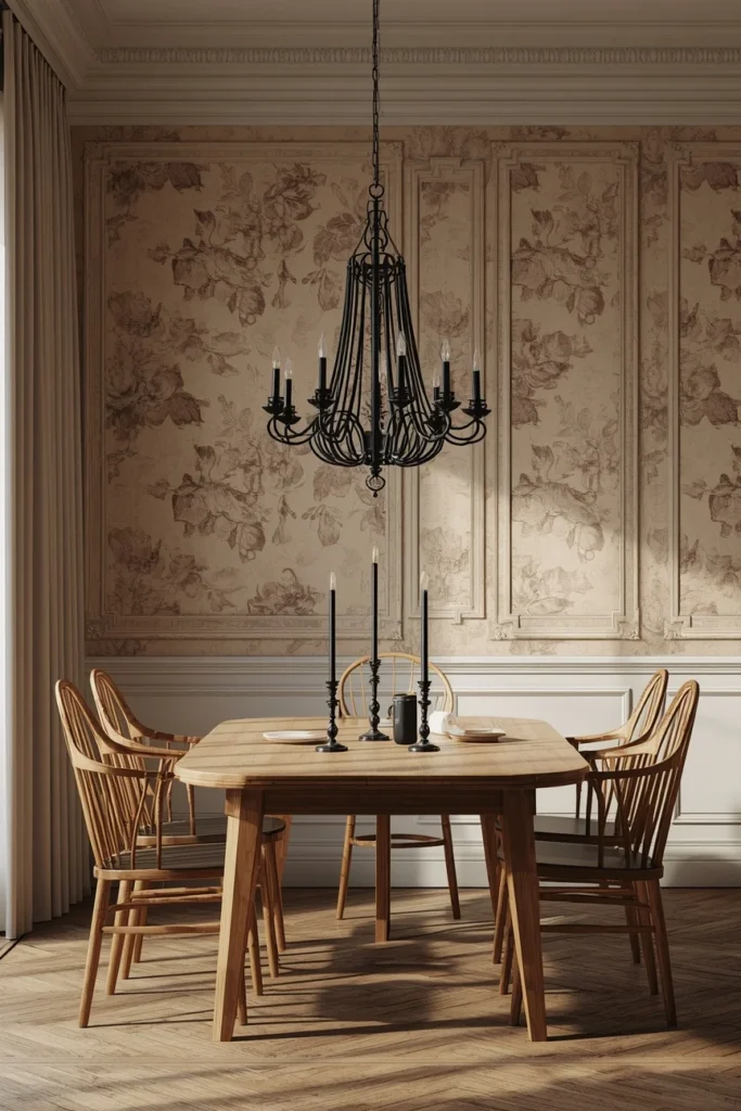  dining room, featuring a black iron chandelier and black candlesticks against pale floral wallpaper