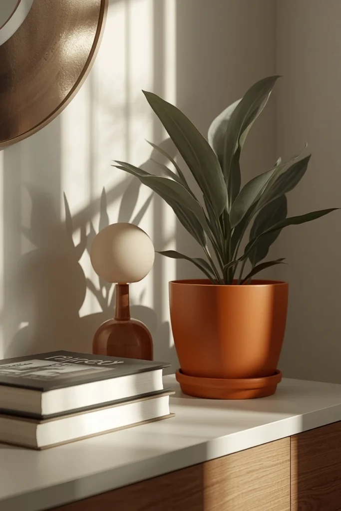 20 Cozy Warm Neutral Fall Living Room Ideas Anyone Can Recreate 14 living room console close-up, featuring a potted plant in a warm terracotta pot