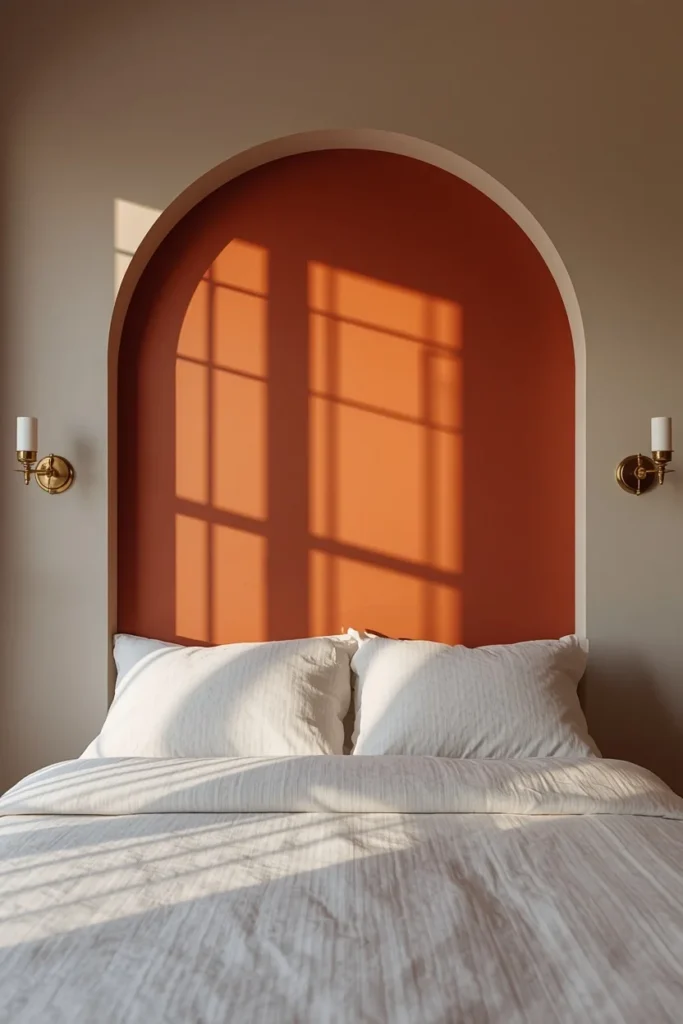15 Curved Accent Wall Ideas to Soften a Boxy Room 14 bedroom, featuring a painted arched shape in warm terracotta tone on the wall behind a bed