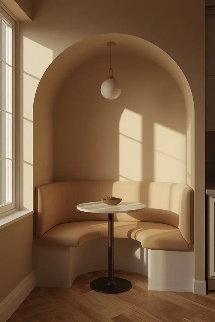 small kitchen alcove shot, featuring a compact curved banquette bench upholstered
