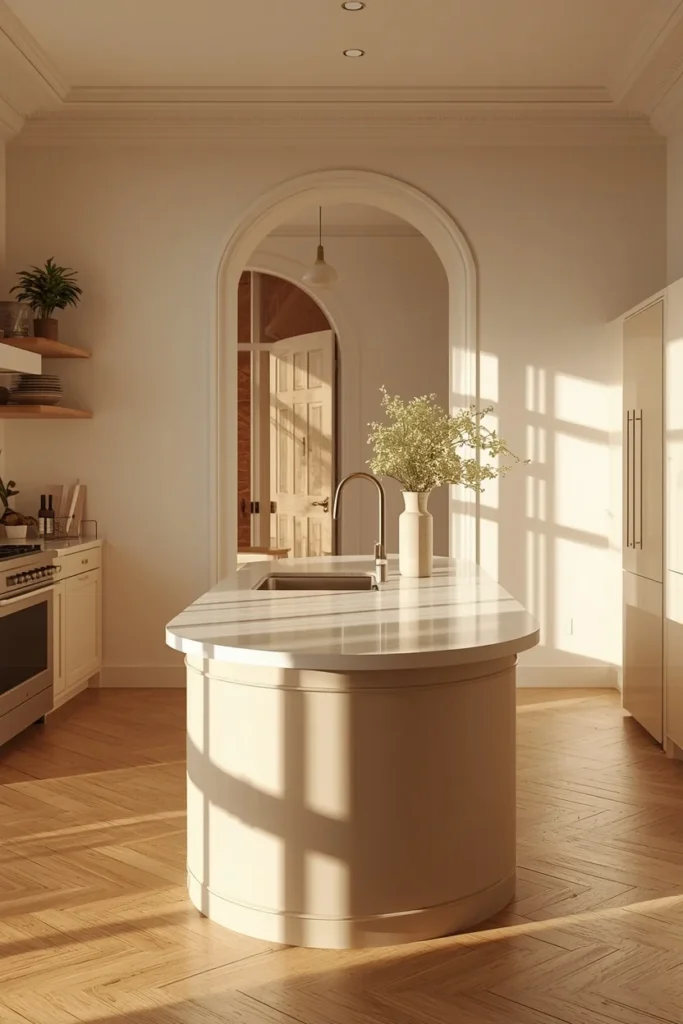 17 Curved Kitchen Peninsula Ideas for Better Small-Space Flow 14 kitchen with curved peninsula, featuring a rounded counter edge that echoes an arched doorway