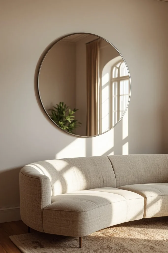  living room shot, featuring a large round mirror hung on the wall behind a curved neutral sofa,