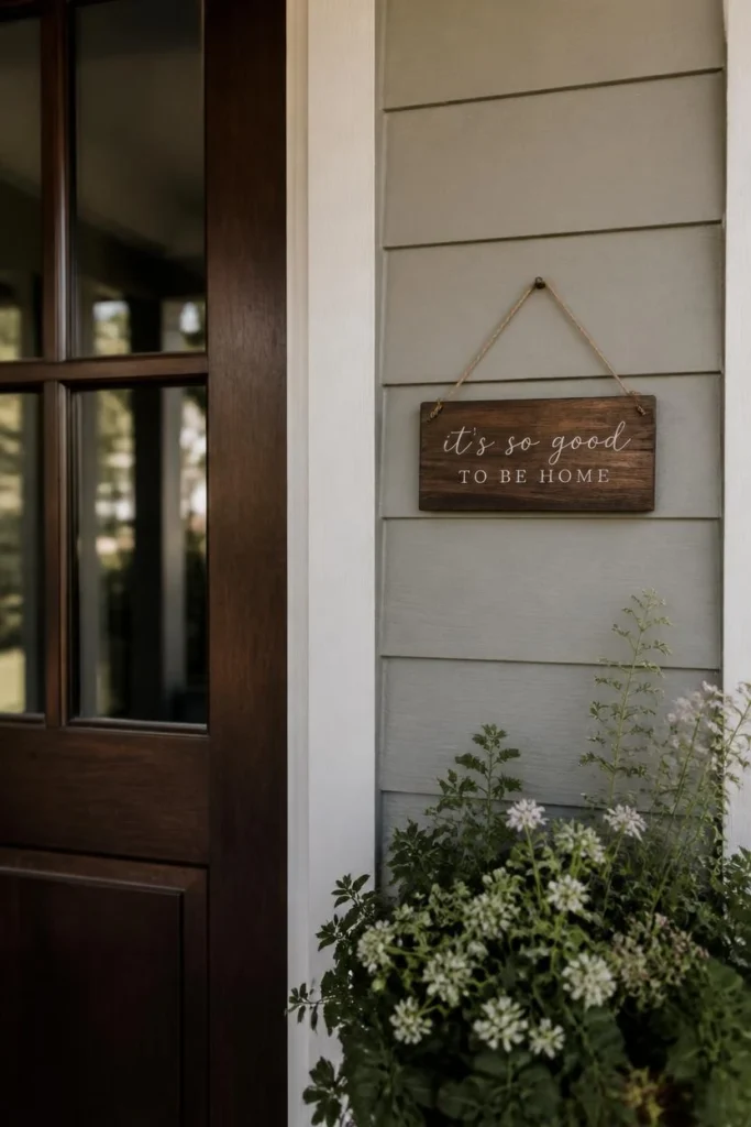 front porch entry, featuring a small wood sign with simple restrained