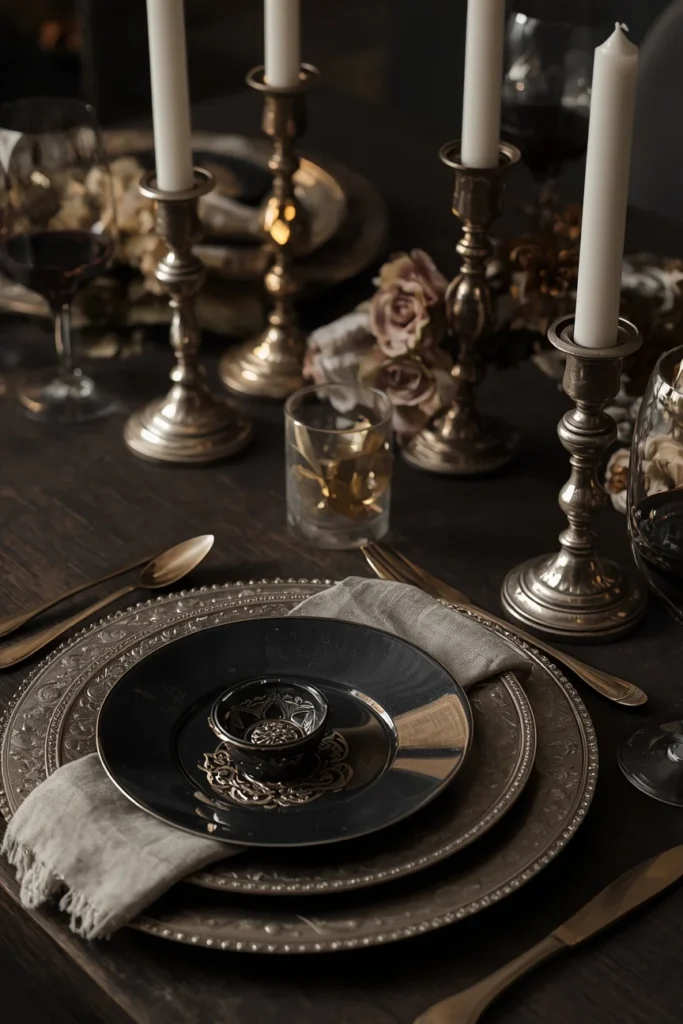 18 Elegant Halloween Dining Table Ideas for a Chic Fright Night 14 place setting close-up, featuring tarnished antique silver chargers and candlesticks paired with black