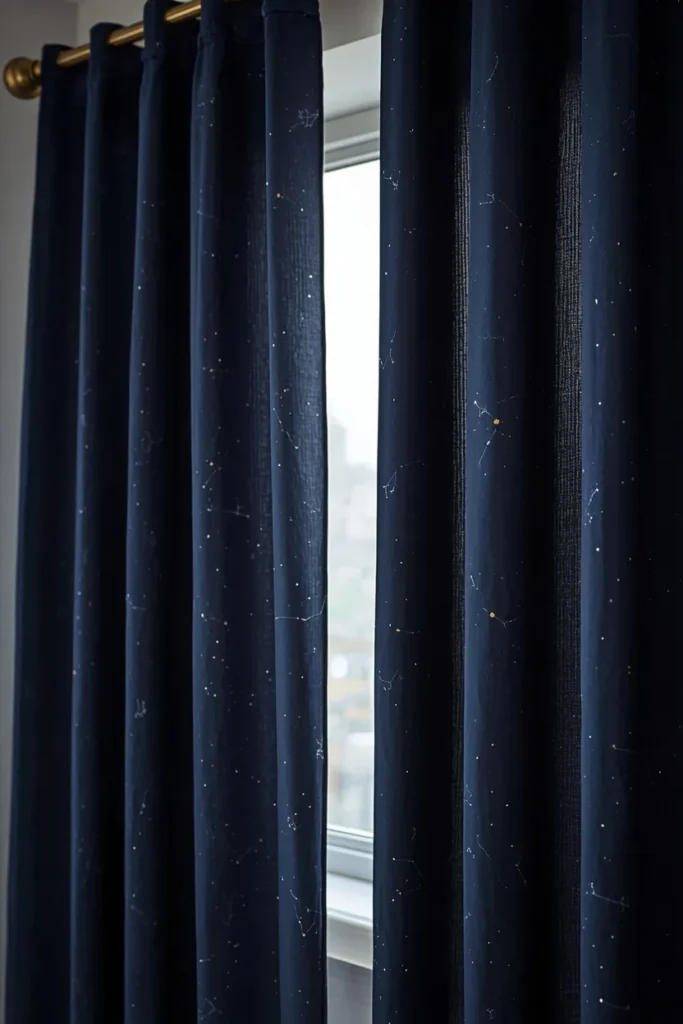 bedroom window, featuring navy blackout curtains with a subtle tone-on-tone
