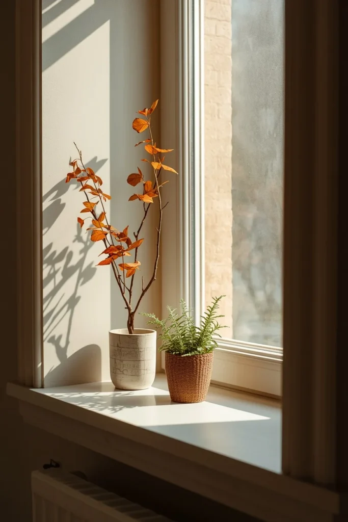 15 Fall Bathroom Decor Ideas for a Cozy Season Refresh 14 bathroom windowsill, featuring a single small potted fern beside a dried autumn branch