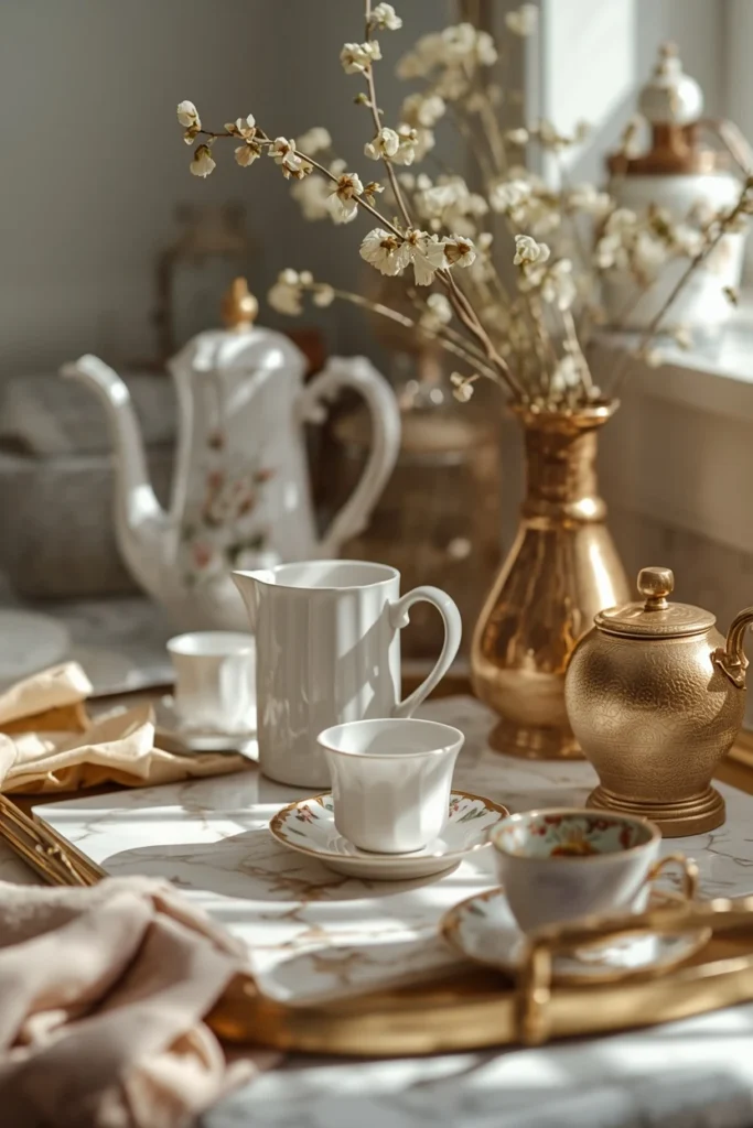 European-inspired kitchen coffee station, featuring brass accents