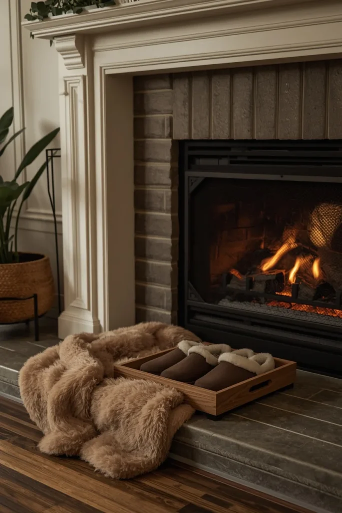 16 Fall Decor Ideas for the Space in Front of Your Fireplace 14 casual living room fireplace, featuring a plush faux fur throw draped over the hearth edge