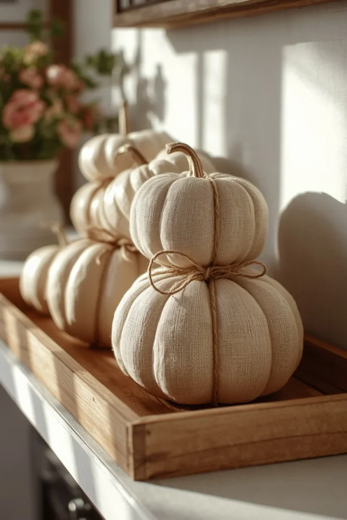  farmhouse living room mantel, featuring a cluster of faux pumpkins wrapped in natural linen fabric