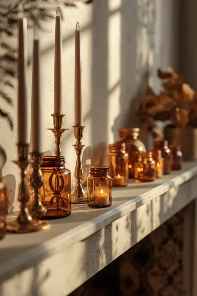  fireplace mantel close-up, featuring a collection of brass candlesticks and amber glass jars 
