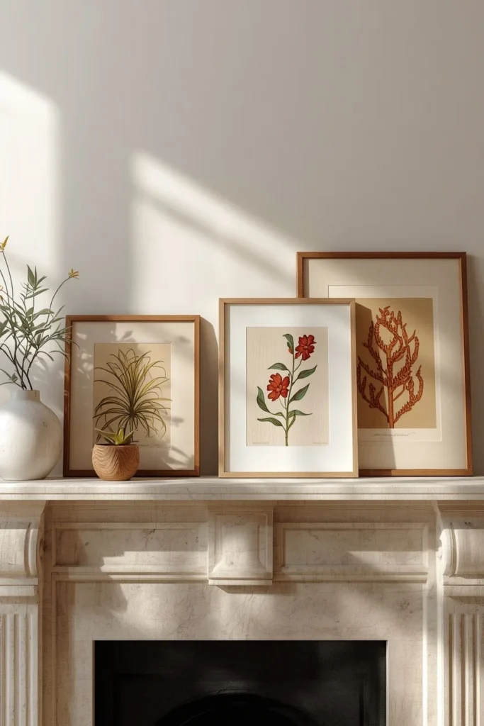  living room mantel, featuring a row of framed botanical prints in warm rust and ochre tones leaned