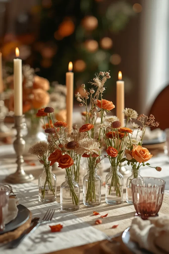 dining table, featuring a cluster of small glass bud vases each holding a few short stems