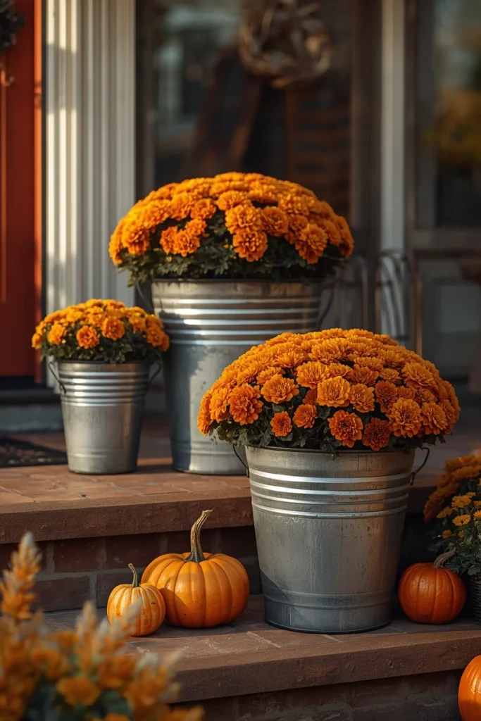 23 Fall Front Porch Decor Ideas Neighbors Will Envy 14 front porch, featuring a grouping of galvanized metal buckets of varying sizes filled with mums and small pumpkins