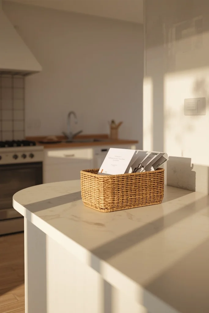 17 Fall Kitchen Countertop Decor Ideas That Feel Cozy, Not Cluttered 14 kitchen counter detail shot, featuring a small natural rattan basket holding mail