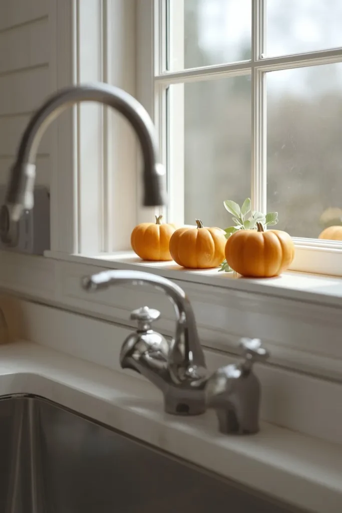 20 Fall Kitchen Decor Ideas That Are Easy to Recreate 14 kitchen sink close-up, featuring a windowsill styled with three mini pumpkins
