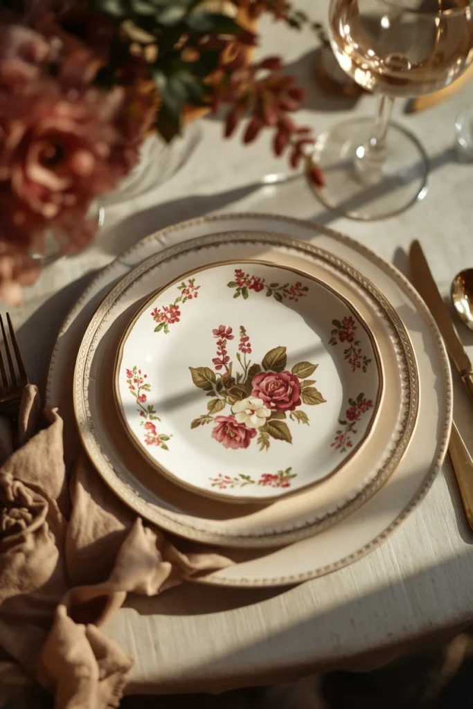18 Fall Table Setting Ideas for Cozy Autumn Dinners 14 place setting, featuring a vintage floral patterned salad plate layered