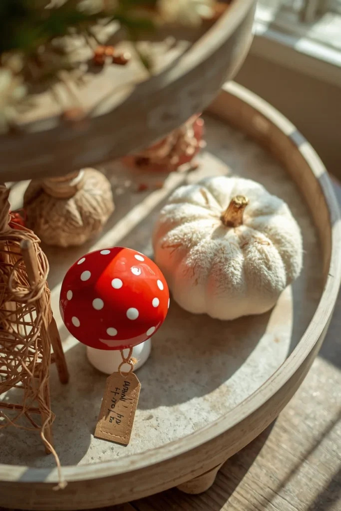 tiered tray close-up, featuring a glossy red mushroom figurine beside a fuzzy white pumpkin