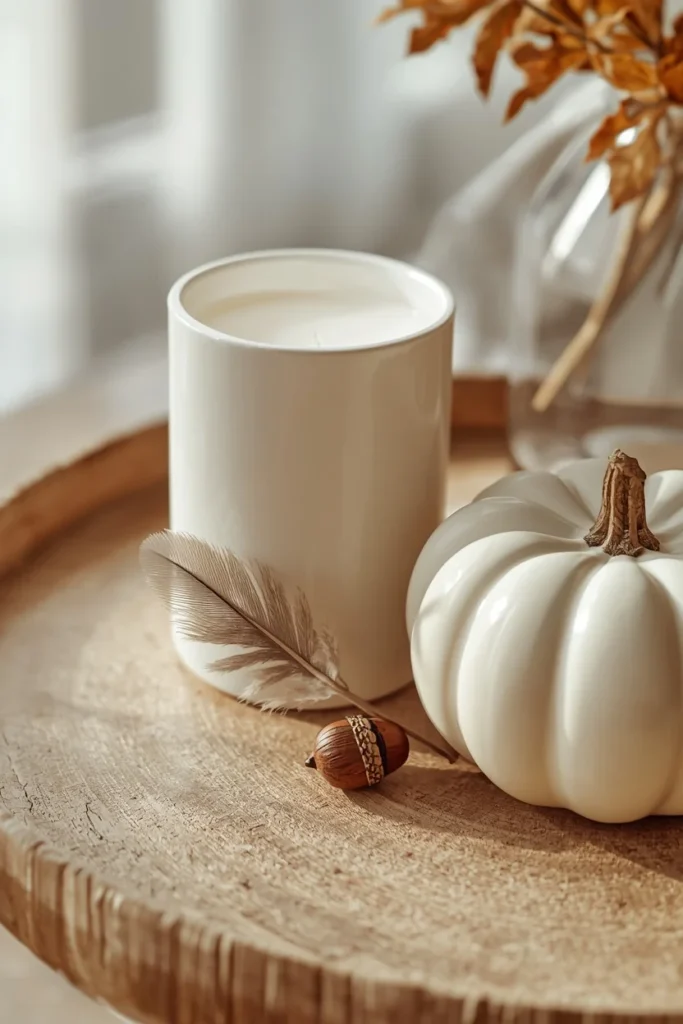  coffee table vignette close-up, featuring a single small feather and acorn