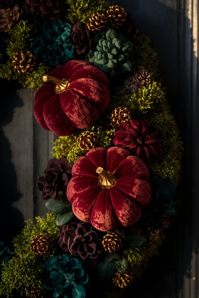 24 Fall Wreath Ideas to Welcome the Season in Style 14 front door close-up, featuring a wreath with a clustered grouping of deep jewel-toned velvet pumpkins