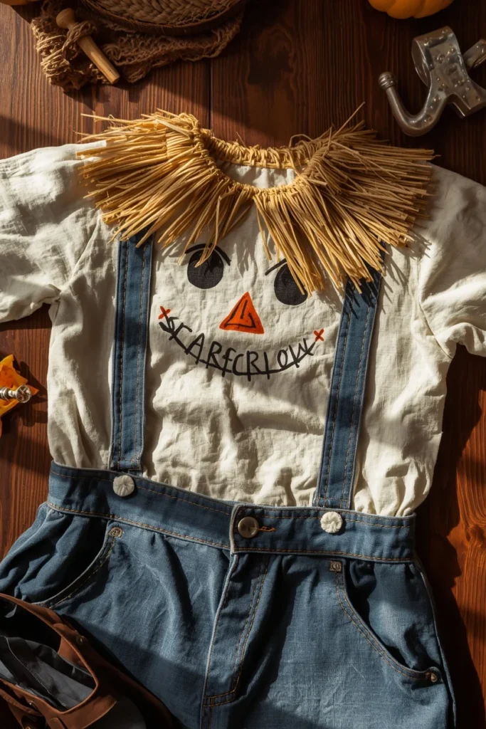 19 Fun DIY Scarecrow Ideas for fall that Kids Will Love Making 14 craft table close-up, featuring a hand-painted pillowcase scarecrow costume