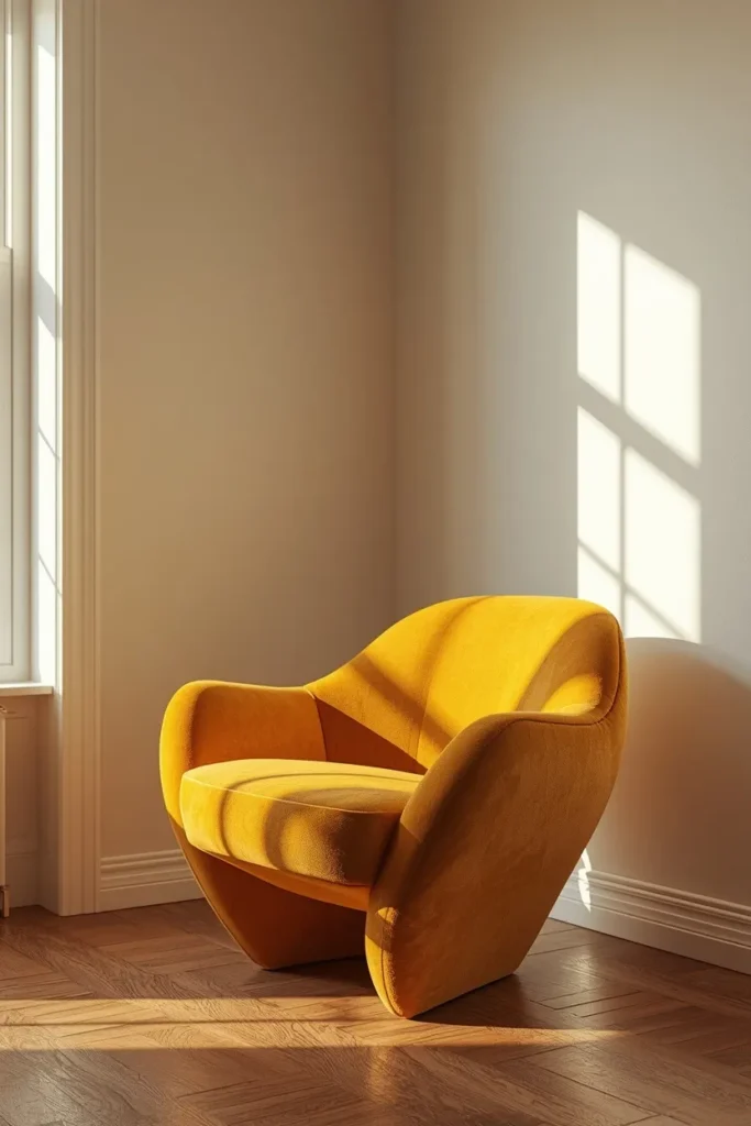 15 FunHaus Interior Ideas for a Bold, Playful Home That Breaks the Rules 14 living room corner shot, featuring an asymmetric sculptural accent chair
