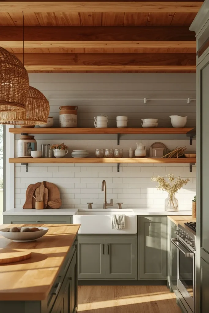 17 Green Kitchen Designs That Feel Bold, Fresh & Totally Unexpected 14 farmhouse kitchen, featuring moss green shaker cabinets, farmhouse apron sink