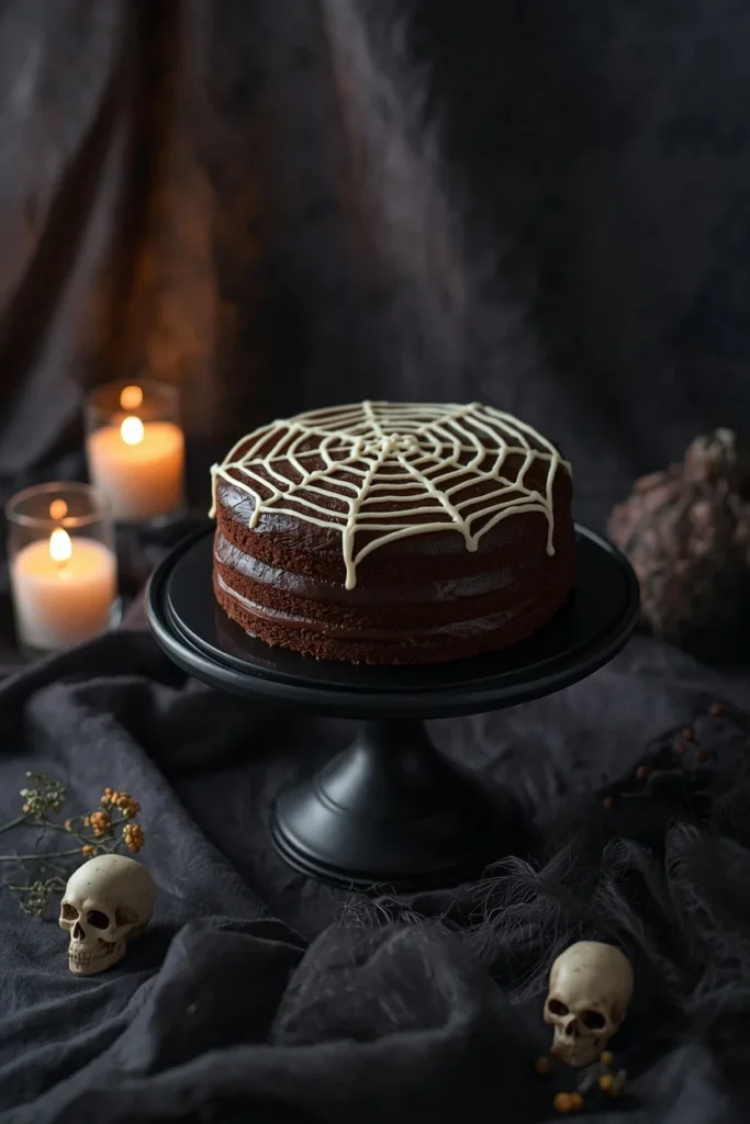 dessert centerpiece shot, featuring a chocolate cake on a black pedestal stand topped