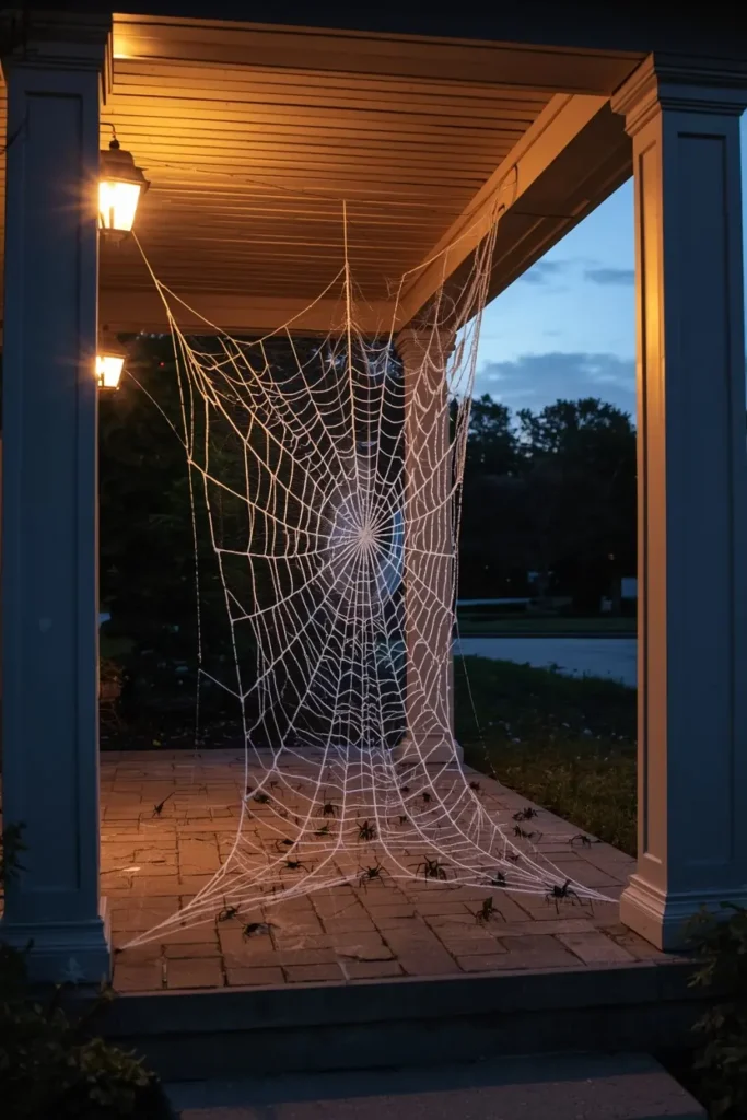 18 Halloween Walkway Ideas That Set the Spooky Mood Early 14 Halloween spiderweb display, featuring stretched white synthetic spiderweb material