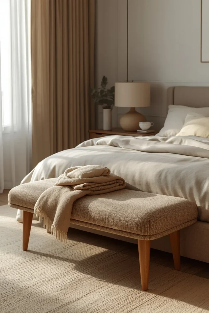  Japandi bedroom, featuring a low upholstered bouclé bench at the foot of a platform bed